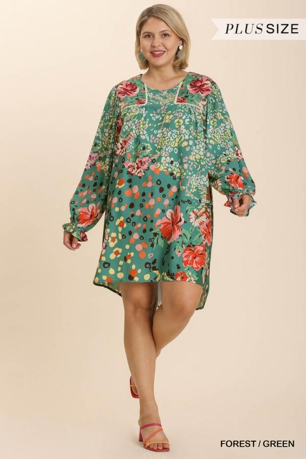 Lovely Sage- plus size mixed print crochet trim tunic dress - Esme and Elodie