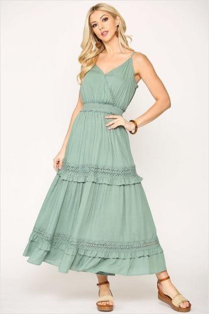 Sage State- women's crochet trimmed tiered maxi dress - Esme and Elodie
