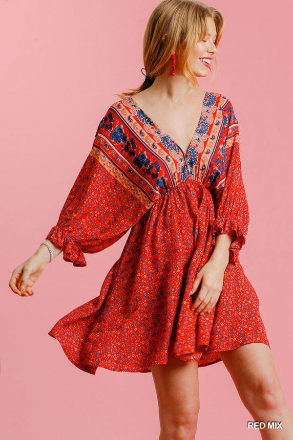 Sangria- vneck mixed print dress with tie detail on back - Esme and Elodie