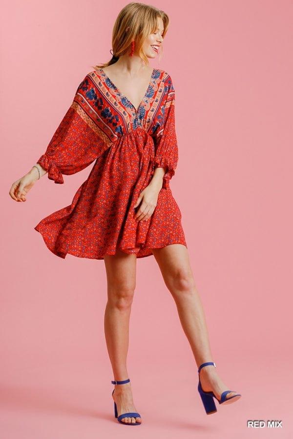 Sangria- vneck mixed print dress with tie detail on back - Esme and Elodie