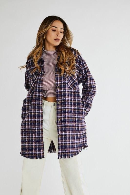 Plus Women's Shacket Davi & Dani -Button down with Pockets, Long Purple Plaid - Esme and Elodie