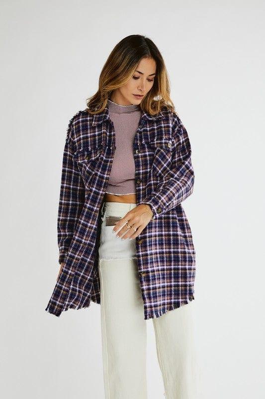 Plus Women's Shacket Davi & Dani -Button down with Pockets, Long Purple Plaid - Esme and Elodie