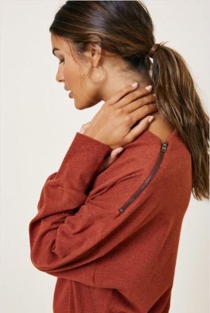 She's sly- women's zipper off shoulder top in brick - Esme and Elodie