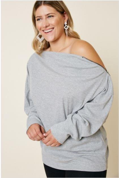 Soulful and Sexy- plus size off the shoulder light gray top - Esme and Elodie