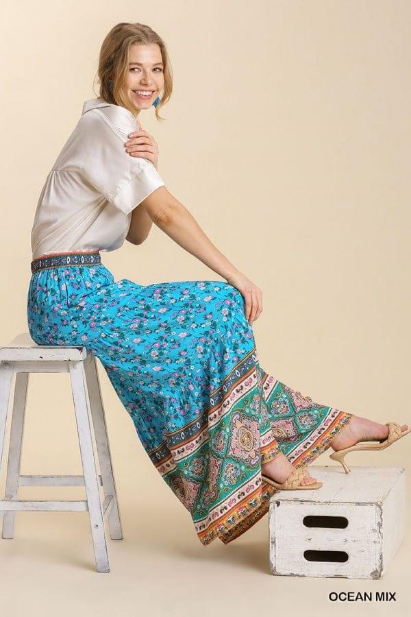 Women's Sound Bites- mixed printed elastic waistband wide leg tiered pants - Esme and Elodie
