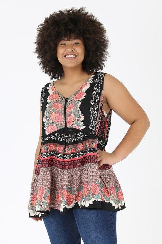 Spiced Tea- plus size bohemian sleevless tank in black floral - Esme and Elodie