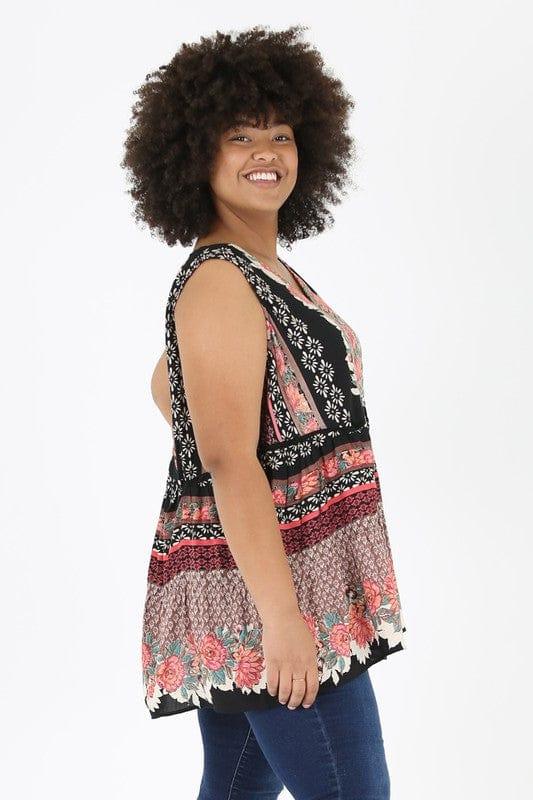 Spiced Tea- plus size bohemian sleevless tank in black floral - Esme and Elodie
