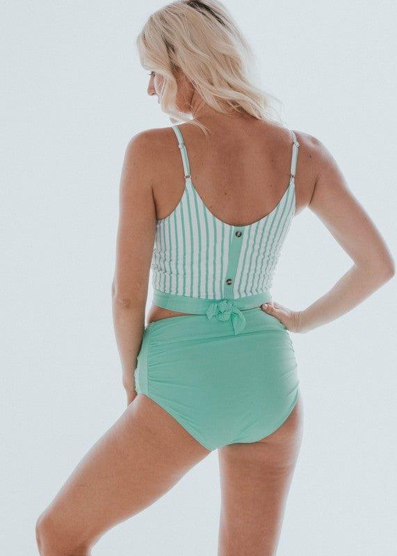 Squidward- teal and white striped bikini top with buttons - Esme and Elodie