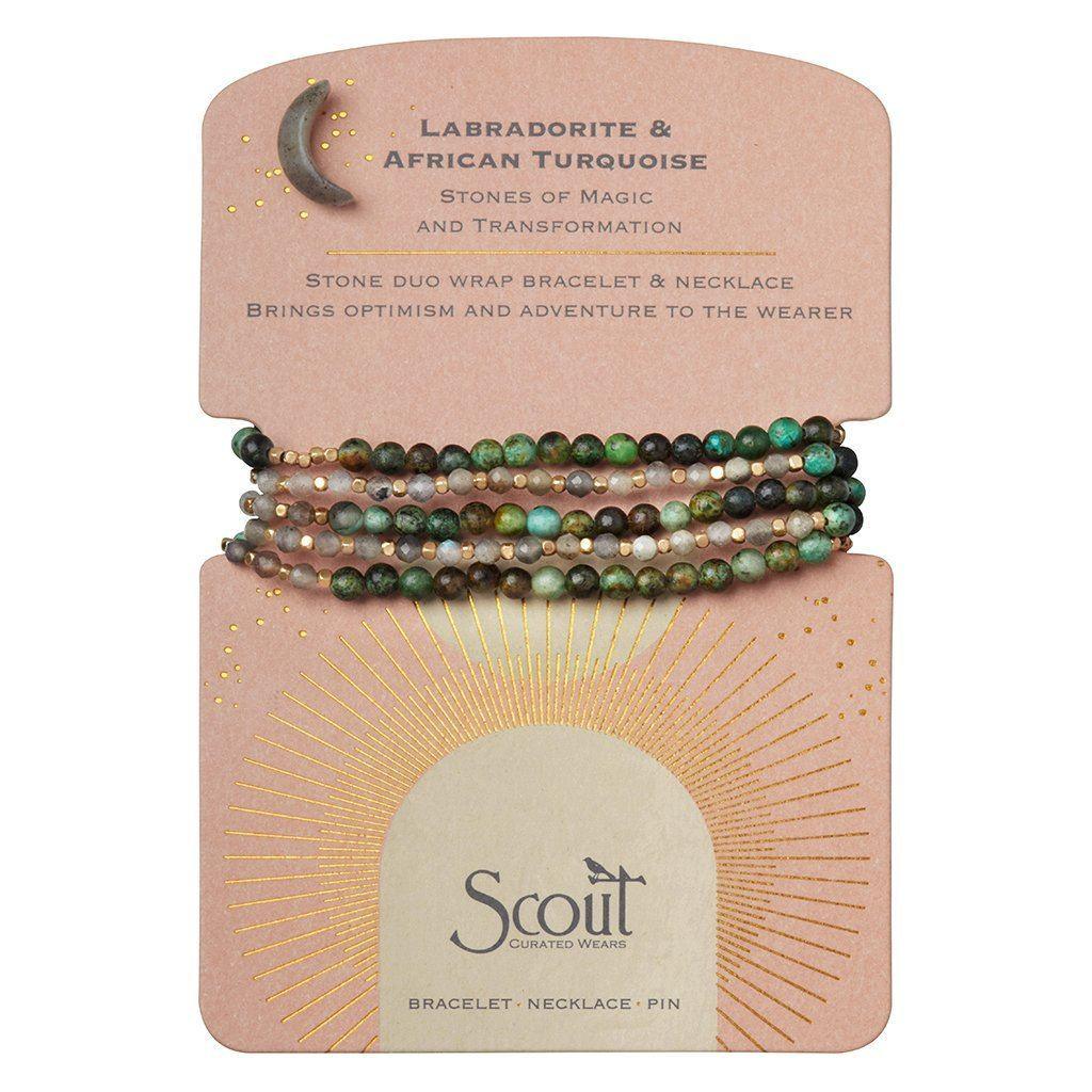 Stone Duo Wrap Bracelet/Necklace/Pin - Labradorite & African Turquoise/Gold - Esme and Elodie