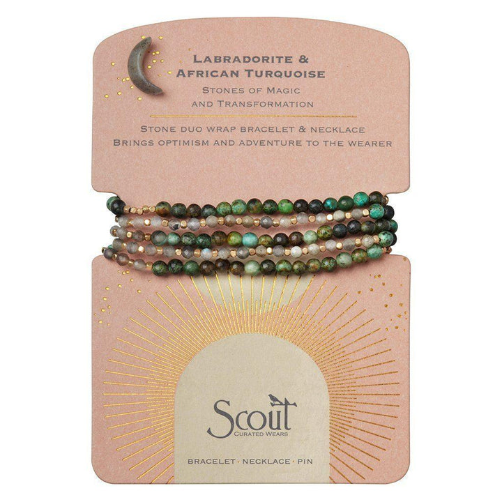 Stone Duo Wrap Bracelet/Necklace/Pin - Labradorite & African Turquoise/Gold - Esme and Elodie