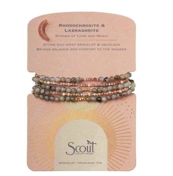 Stone Duo Wrap Bracelet/Necklace/Pin - Rhodochrosite & Labradorite/Gold - Esme and Elodie