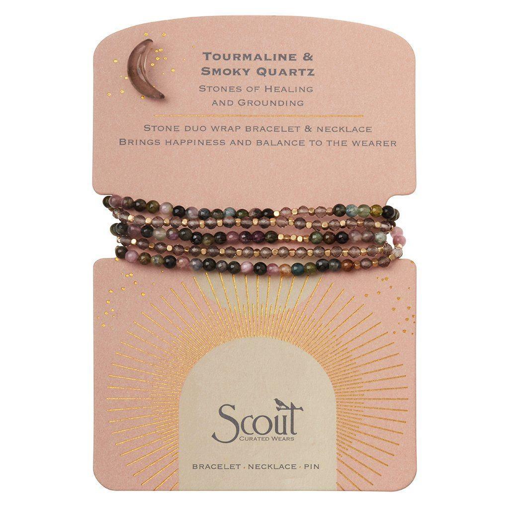 Stone Duo Wrap Bracelet/Necklace/Pin - Tourmaline & Smoky Quartz - Esme and Elodie