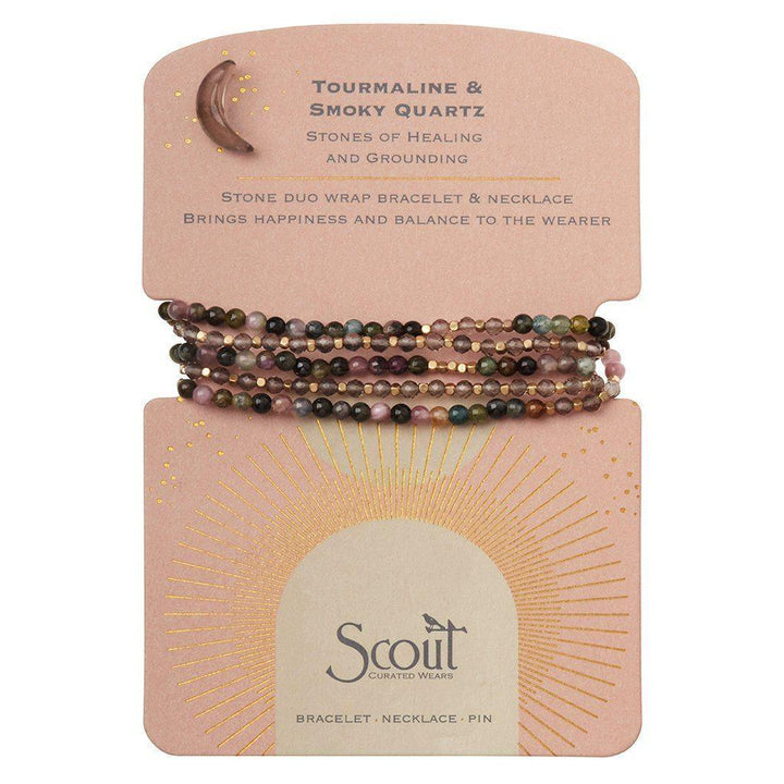 Stone Duo Wrap Bracelet/Necklace/Pin - Tourmaline & Smoky Quartz - Esme and Elodie