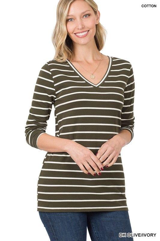 Women's V-Neck Striped T-Shirt - Olive - Esme and Elodie