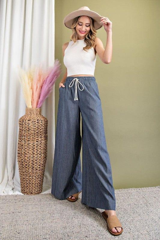 Summer Rain- womens high waisted leg pants with smocked waist - Esme and Elodie