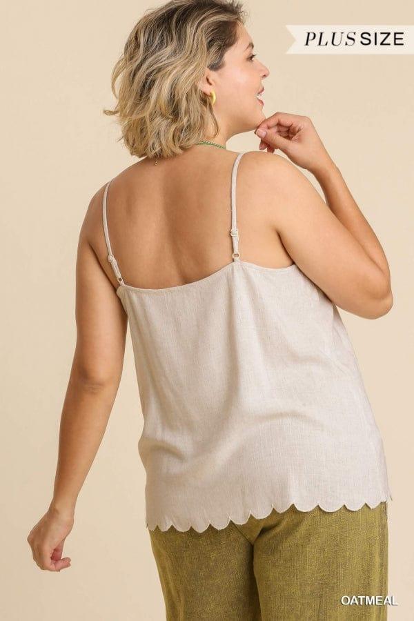 Summer Vibe- linen blend adjustable spaghetti strap top with scallop hem - Esme and Elodie