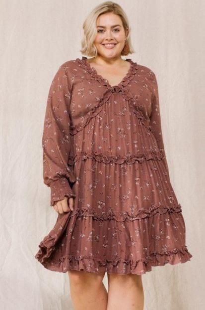 Sunset Rose- plus size floral printed ruffle tier dress - Esme and Elodie