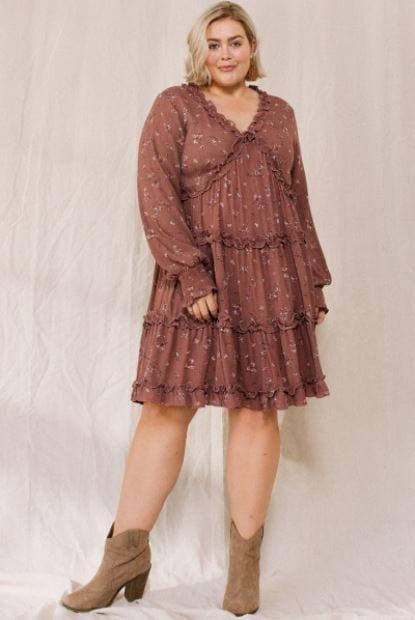 Sunset Rose- plus size floral printed ruffle tier dress - Esme and Elodie