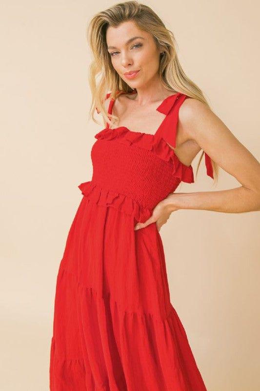 Tamale- red midi dress smocked bodice with tie shoulder - Esme and Elodie