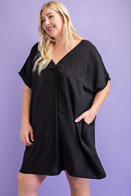 The Ish- plus size short sleeve dress with deep v neckline and POCKETS in black - Esme and Elodie