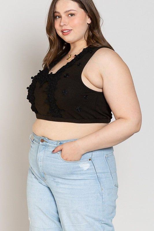 Plus Women's This is Love- black crop top with lace detail - Esme and Elodie