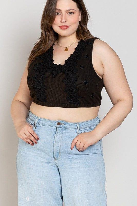 Plus Women's This is Love- black crop top with lace detail - Esme and Elodie