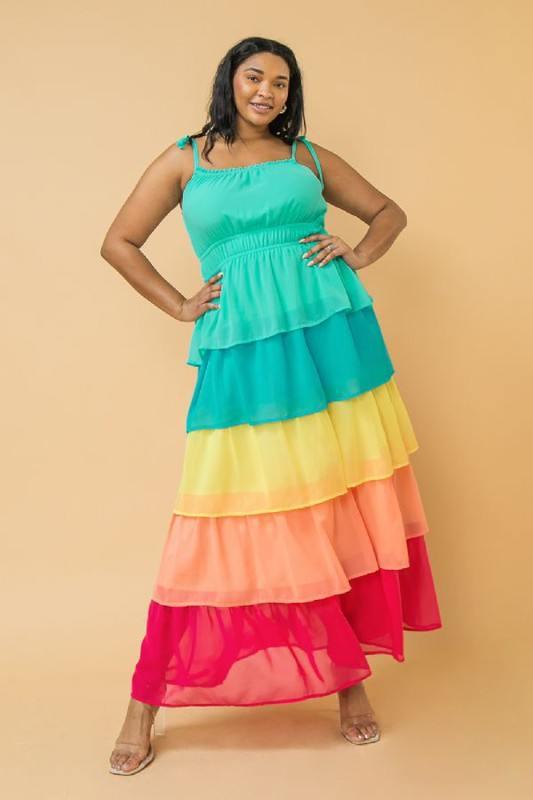 Tiered Rainbow Maxi Dress with tie shoulder and straight neckline - Esme and Elodie