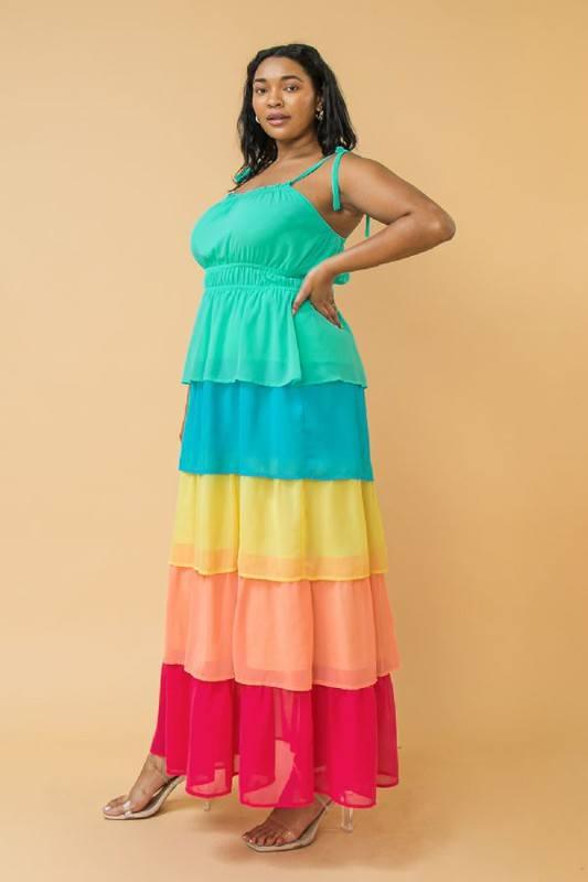 Tiered Rainbow Maxi Dress with tie shoulder and straight neckline - Esme and Elodie