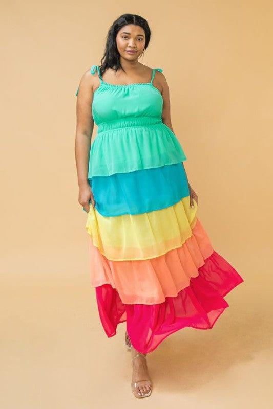 Tiered Rainbow Maxi Dress with tie shoulder and straight neckline - Esme and Elodie
