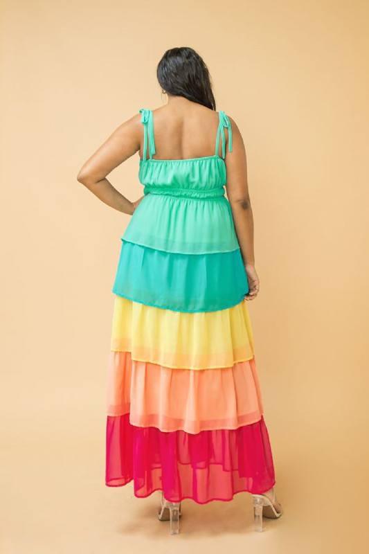 Tiered Rainbow Maxi Dress with tie shoulder and straight neckline - Esme and Elodie