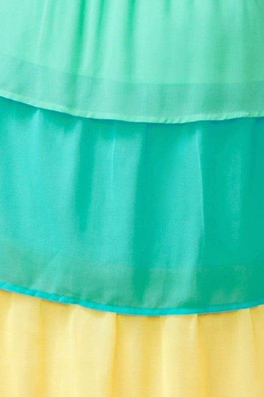 Tiered Rainbow Maxi Dress with tie shoulder and straight neckline - Esme and Elodie