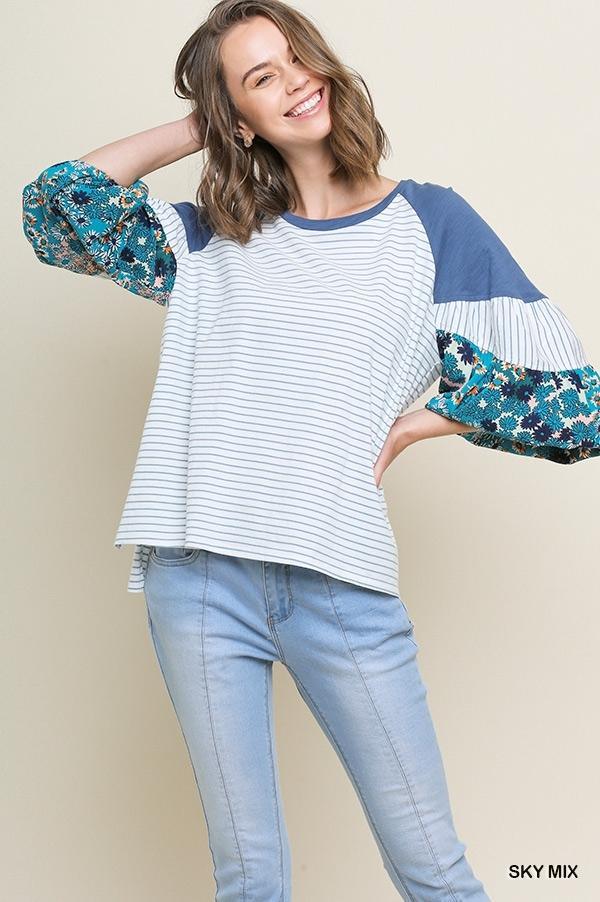 Tikki- floral striped puff sleeve top - Esme and Elodie