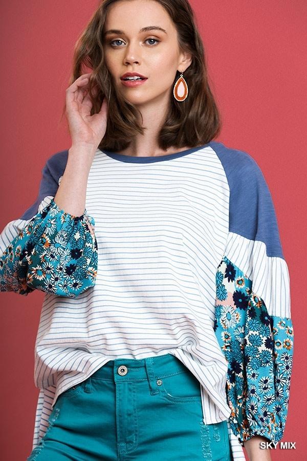 Tikki- floral striped puff sleeve top - Esme and Elodie