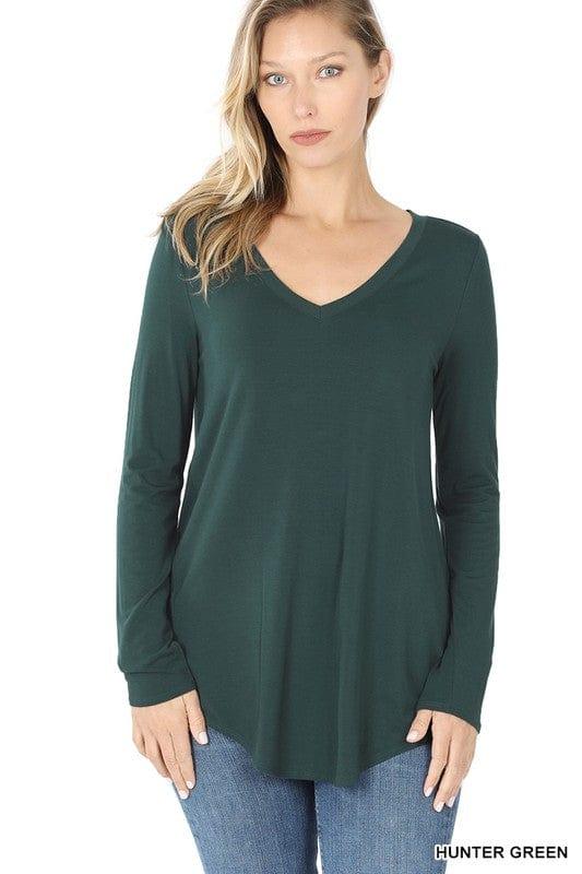 V-Neck Solid Long Sleeve T -Alpine - Esme and Elodie