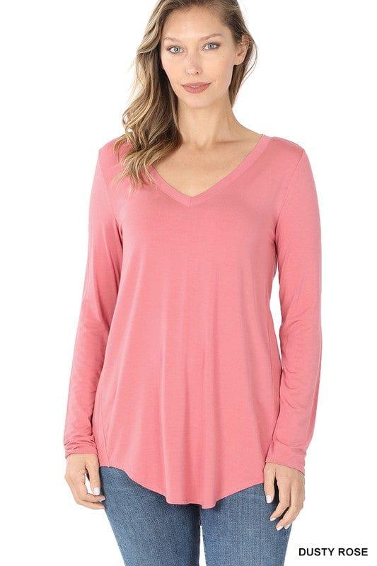 Women's V-Neck Solid Long Sleeve T -Dusty Rose - Esme and Elodie