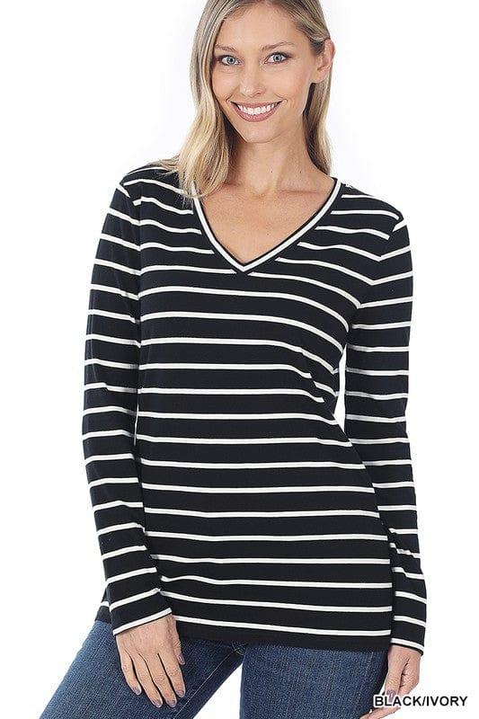 Women's V-Neck Striped T-Shirt - Black - Esme and Elodie