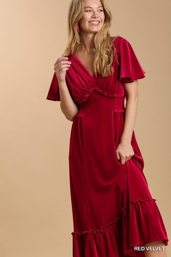 Women's Velvet v-neck midi dress in Ruby - Esme and Elodie