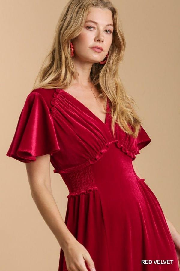 Women's Velvet v-neck midi dress in Ruby - Esme and Elodie