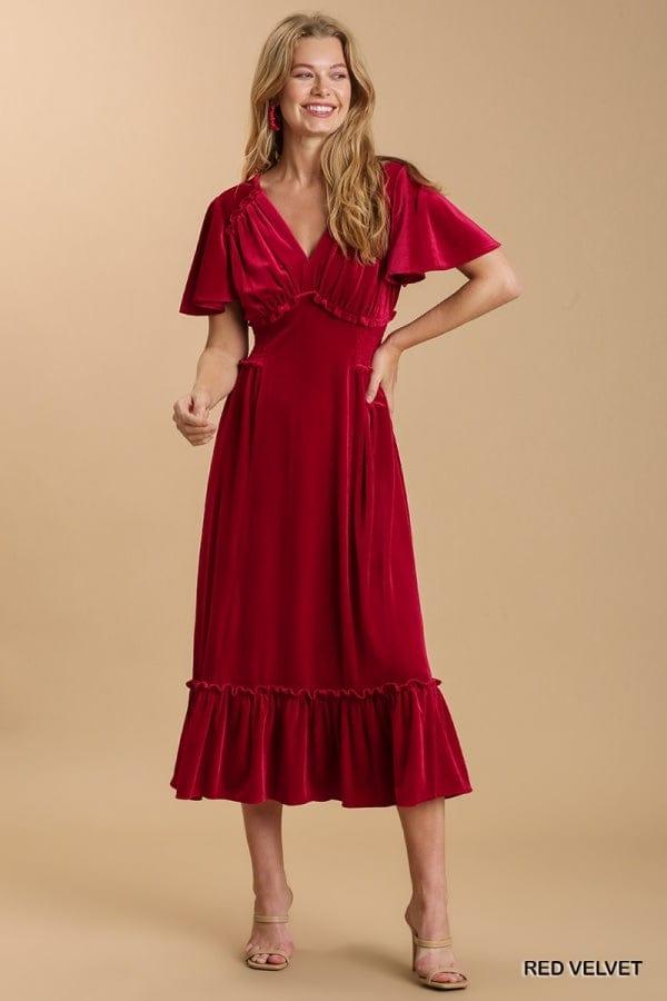 Women's Velvet v-neck midi dress in Ruby - Esme and Elodie