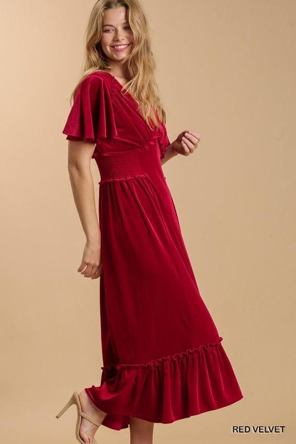 Women's Velvet v-neck midi dress in Ruby - Esme and Elodie