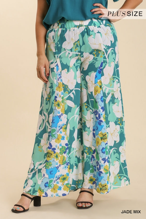 Plus Size Umgee wide leg teal floral pant with elastic waistband