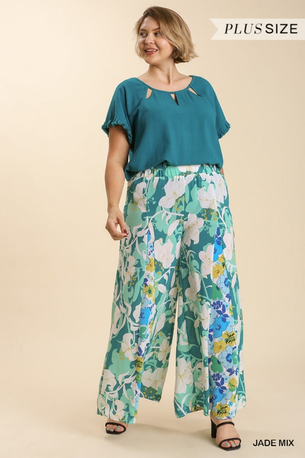 Plus Size Umgee wide leg teal floral pant with elastic waistband