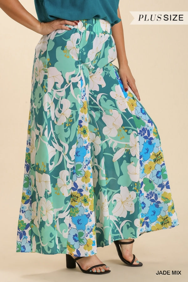 Plus Size Umgee wide leg teal floral pant with elastic waistband