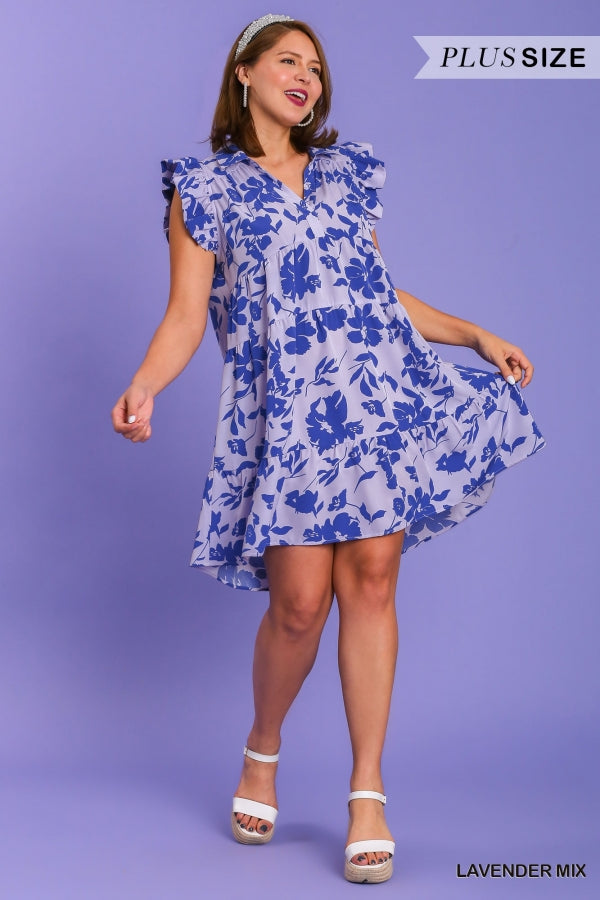 Plus Size Print Collared Tiered Dress with Ruffle Short Sleeve & No Lining