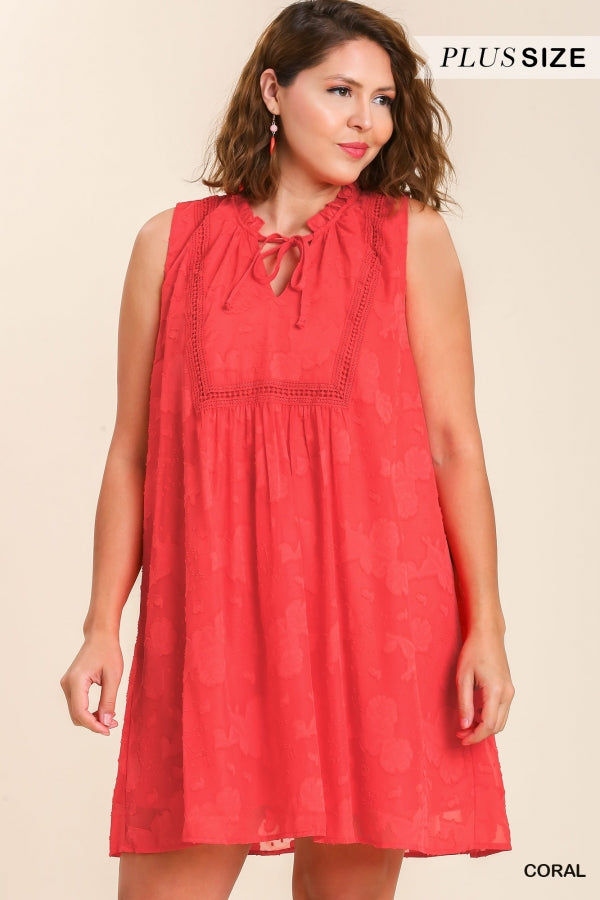 Plus size Sleeveless Shift Dress with Front Tie Detail and Ruffle Trim Around Neckline with Lining in Coral Umgee