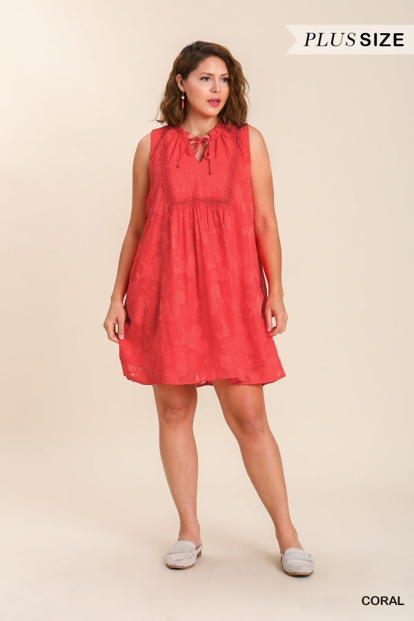 Plus size Sleeveless Shift Dress with Front Tie Detail and Ruffle Trim Around Neckline with Lining in Coral Umgee