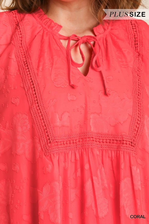 Plus size Sleeveless Shift Dress with Front Tie Detail and Ruffle Trim Around Neckline with Lining in Coral Umgee