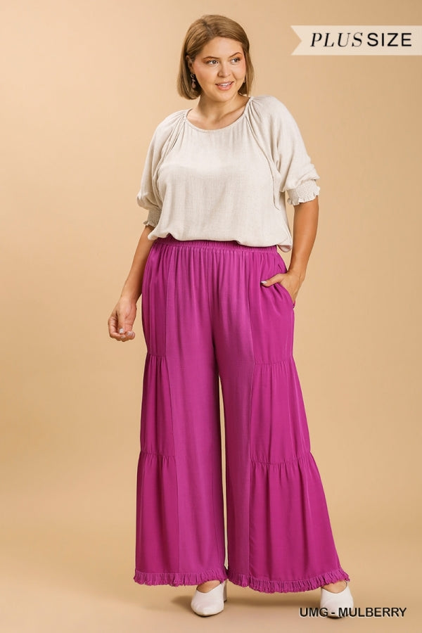 Womens and Plus size Linen Blend Side Tiered Elastic Waist Wide Leg Pants with Pockets and Frayed Hem in BLACK