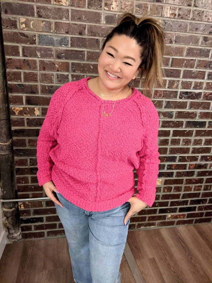 Women's Walk of shame hot pink nubby crew neck sweater - Esme and Elodie