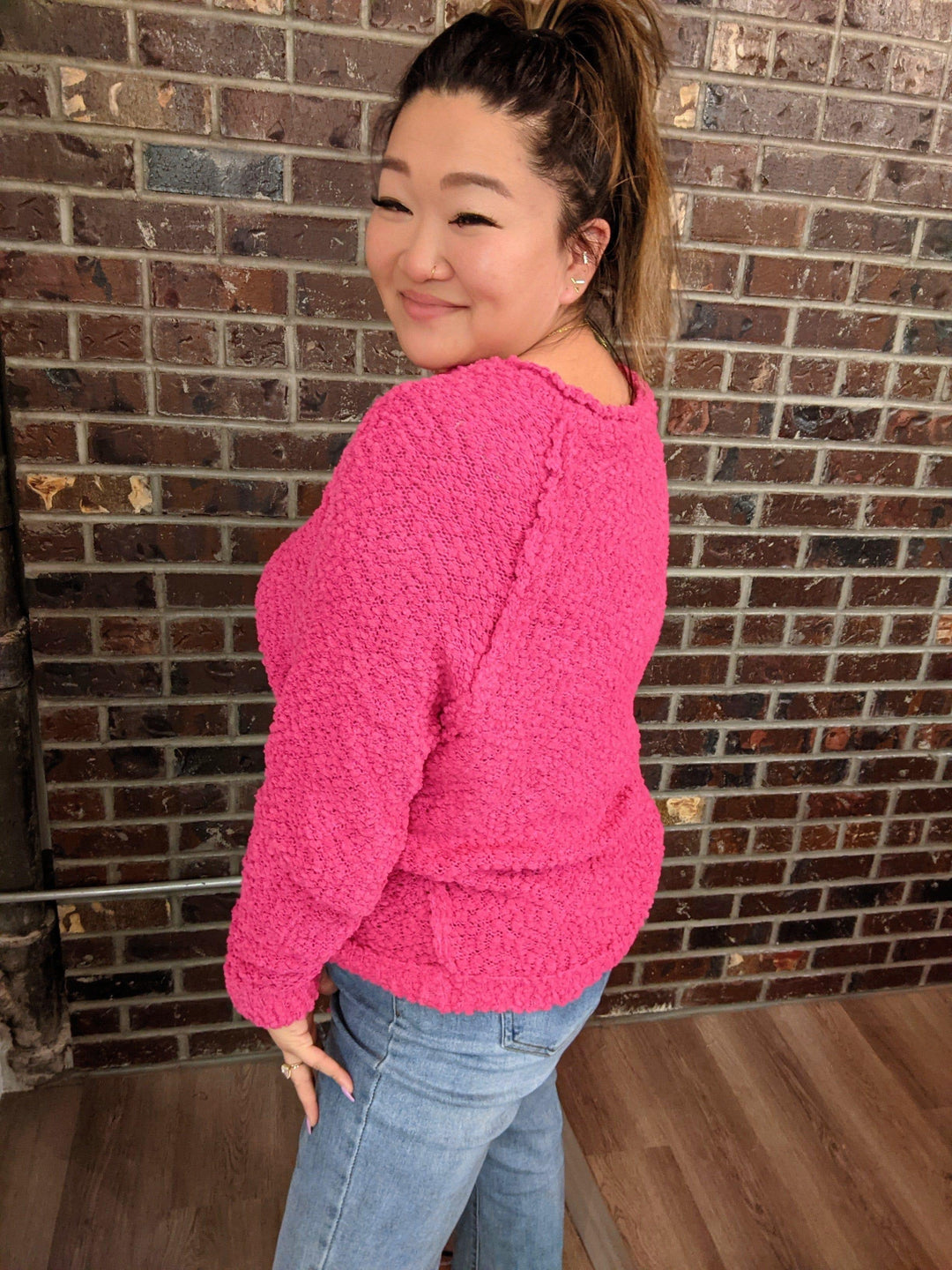 Women's Walk of shame hot pink nubby crew neck sweater - Esme and Elodie